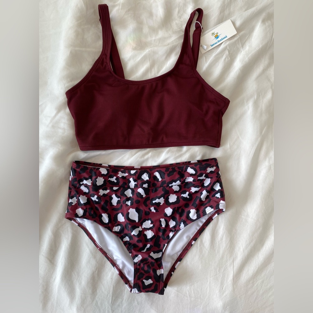 NWT two piece bathing suit red and cheetah print size medium